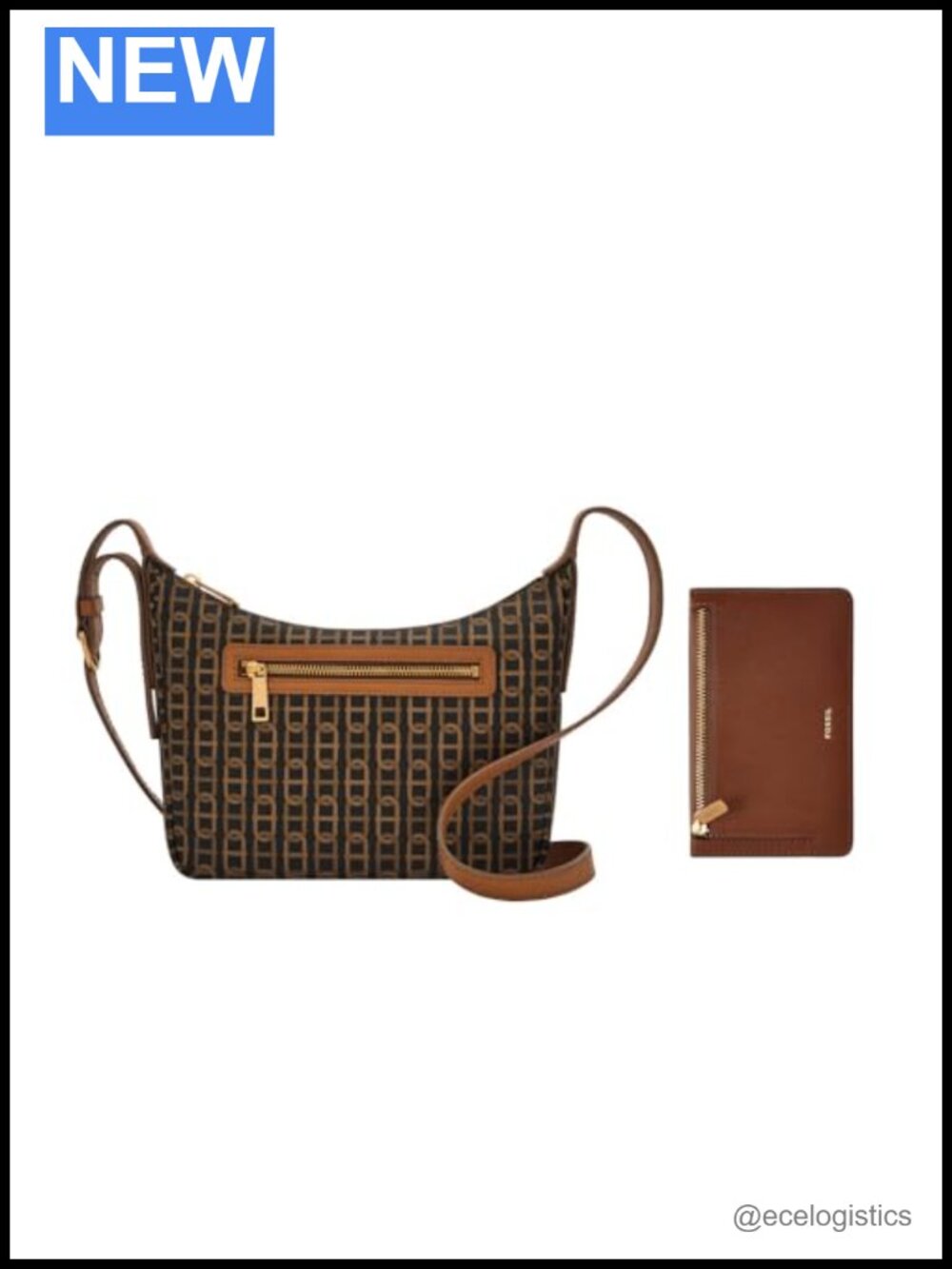 Fossil Leather Crossbody Bag with Zip Card Wallet Set - Adjustable Strap